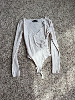 Abercrombie & Fitch Cream Long Sleeve Wrap Bodysuit